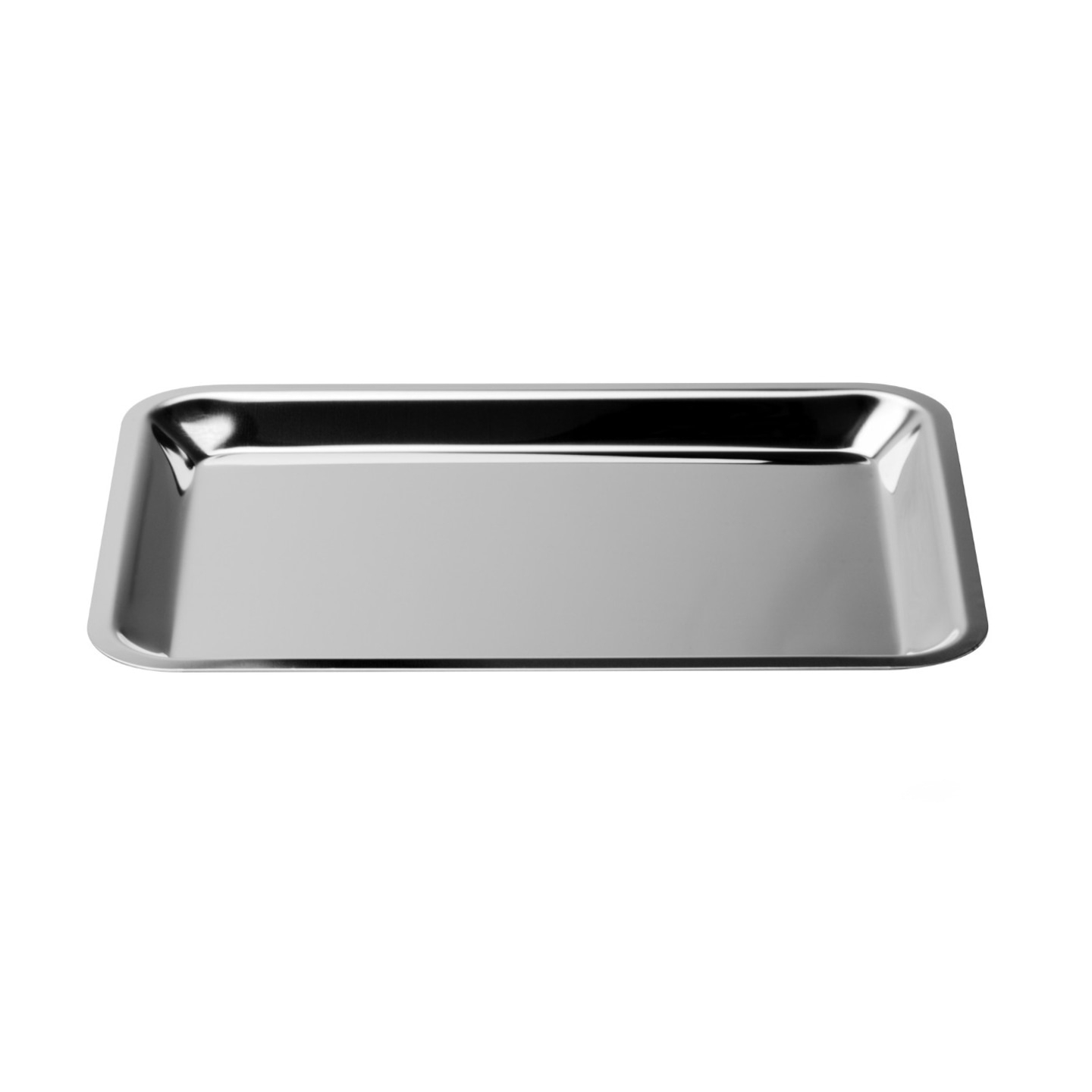 Silberne rechteckige Servierplatte, glänzend, leer, isoliert auf Weiß