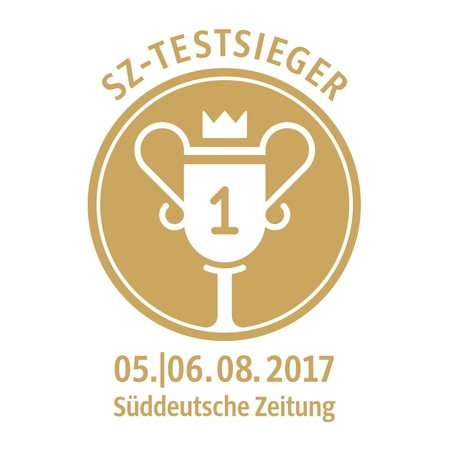 SZ-Testsieger-Logo mit Pokal, Krone und Datum 05.06.08.2017 Süddeutsche Zeitung