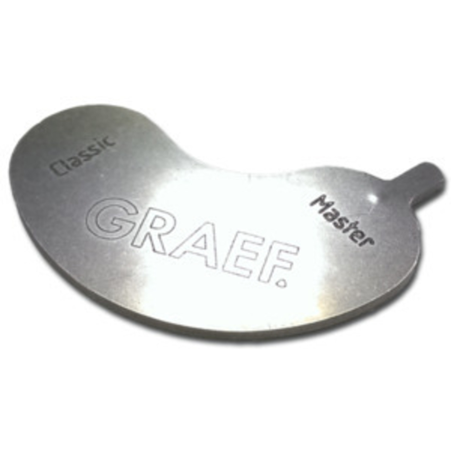 Graef Master Classic, silberfarbenes Metall, Küchenutensil, Nahaufnahme, Schriftzug
