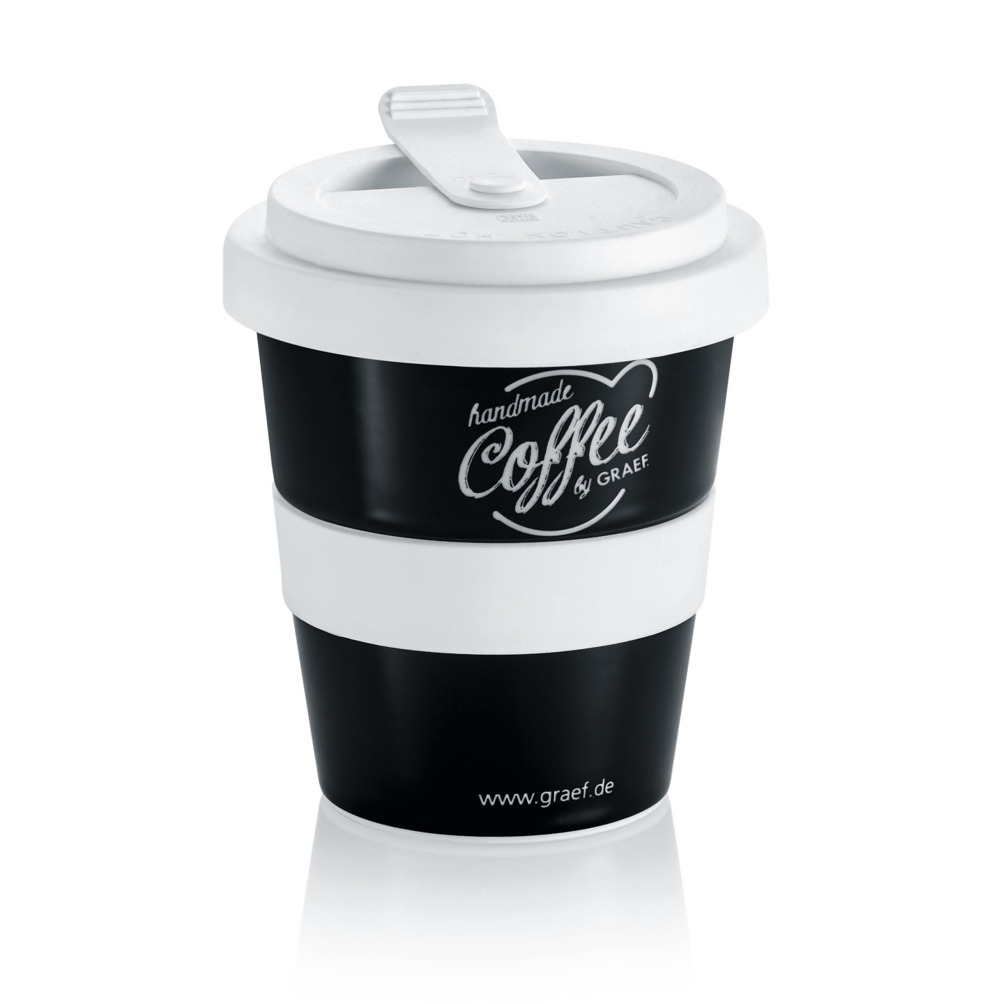 Schwarzer Kaffeebecher mit weißem Deckel und Aufschrift 'handmade Coffee'