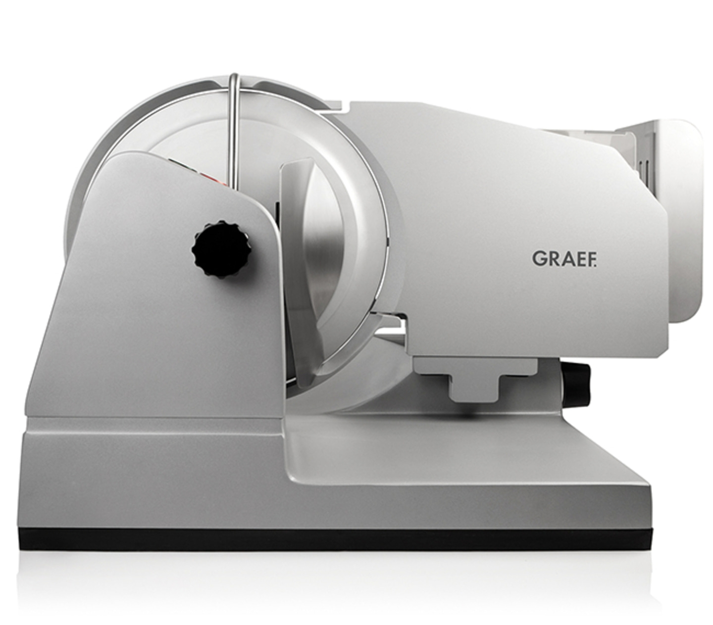Graef Allesschneider, silberfarben, mit schwarzem Drehknopf und GRAEF-Logo.