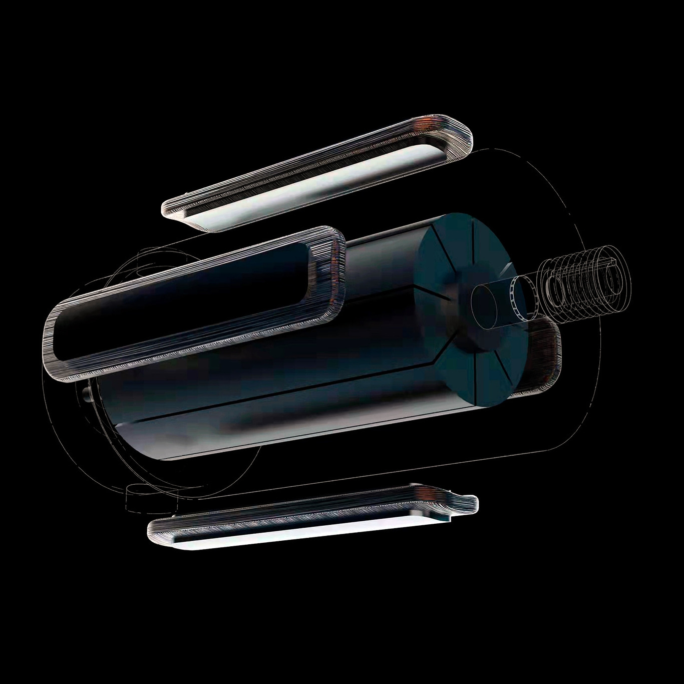 Explosionszeichnung eines zylindrischen Objekts mit abnehmbaren Teilen auf schwarzem Hintergrund.