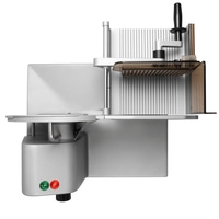 Meat slicer, silver, with control panel and blade, close-up, isolated