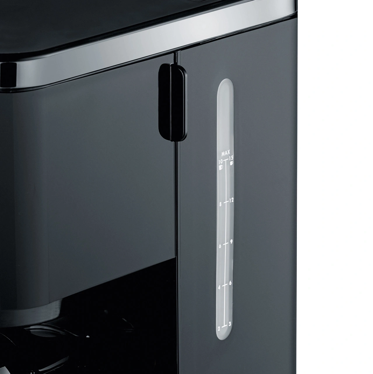 Coffee machine with water level indicator, black, detail shot, close-up view