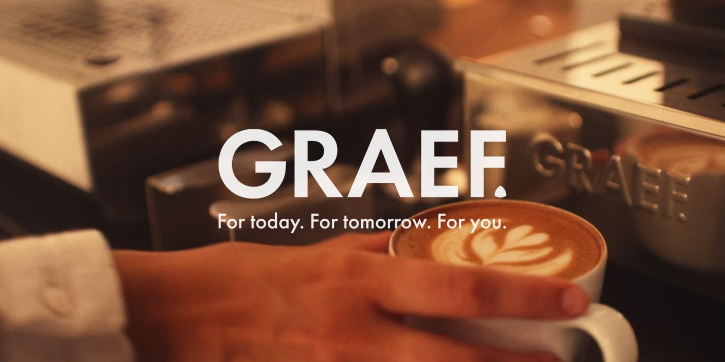 Coffee with latte art, GRAEF logo, slogan: For today. For tomorrow. For you.