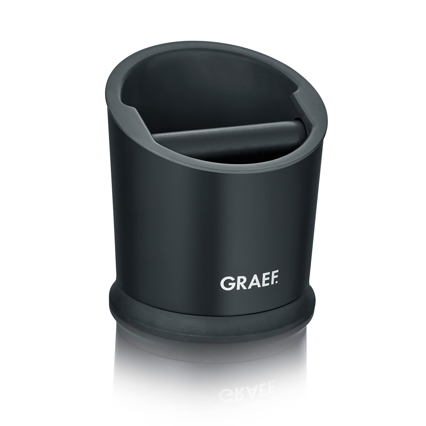 Schwarzer Abklopfbehälter mit GRAEF-Logo und Stange für Kaffeesatz.
