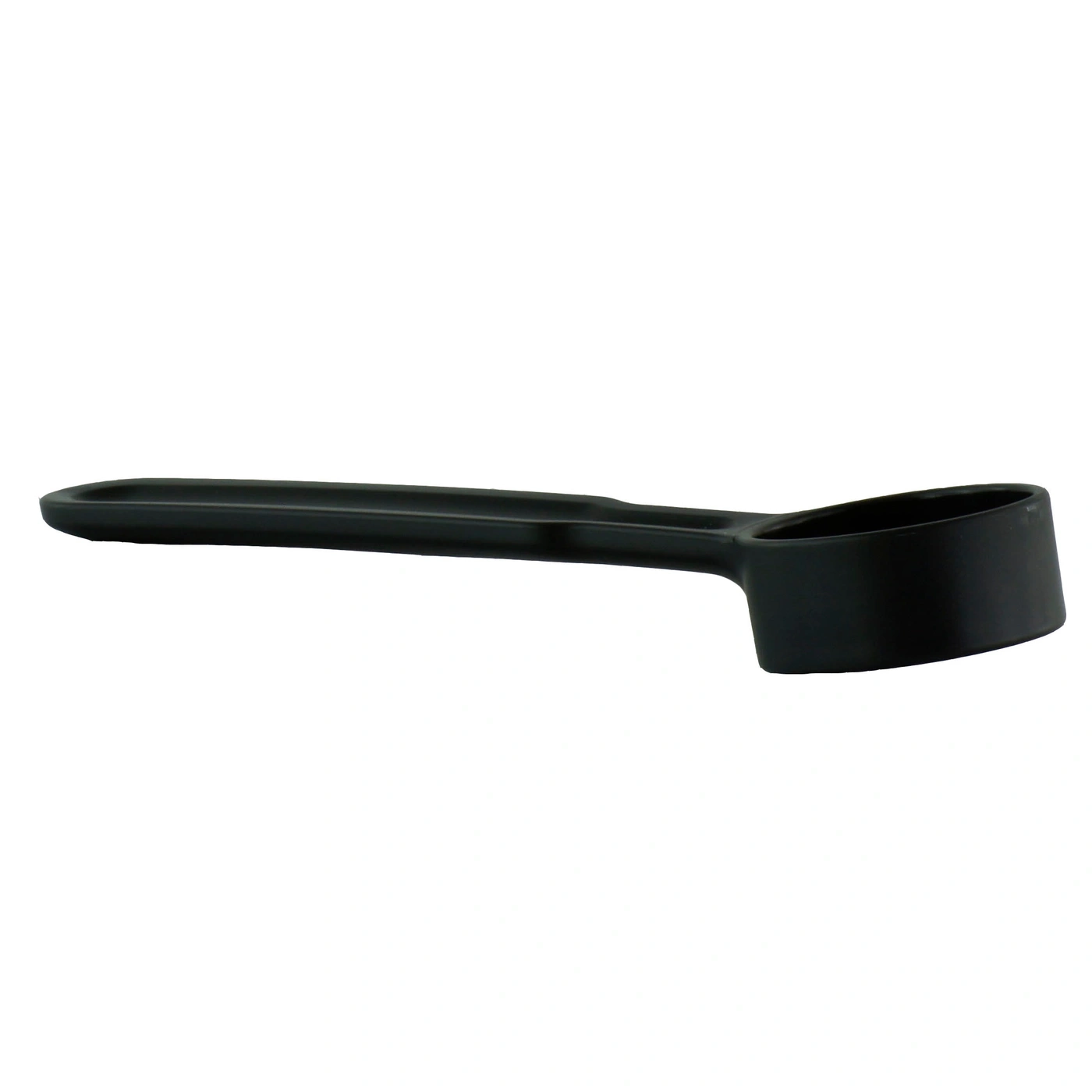 Black scoop with long handle isolated on white background.