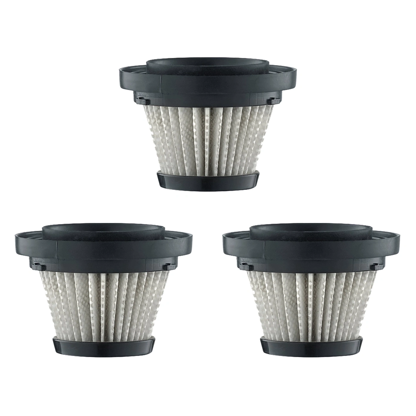 Three black vacuum cleaner filters on white background, clean and new