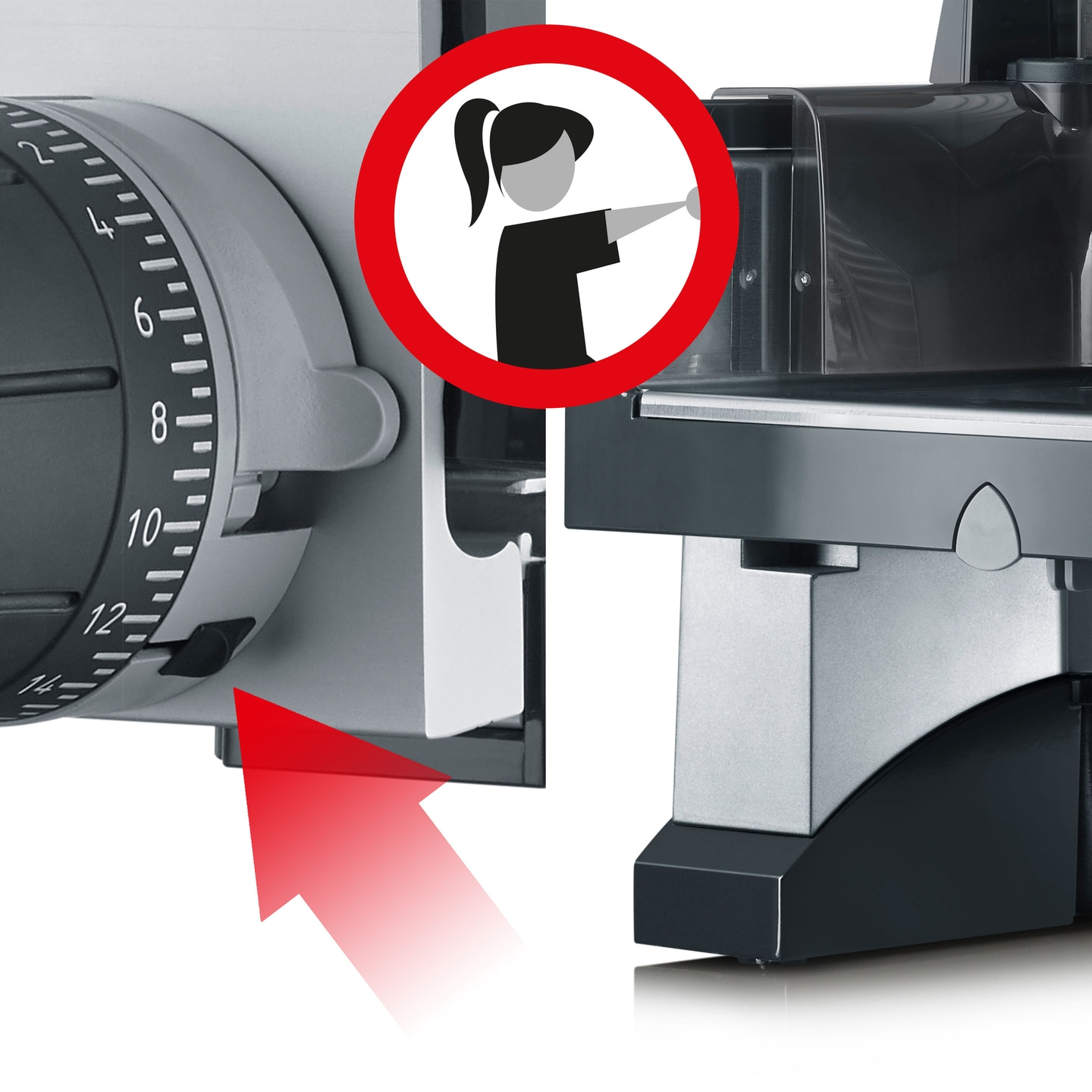 Warning sign with a woman reaching her hand towards the device.