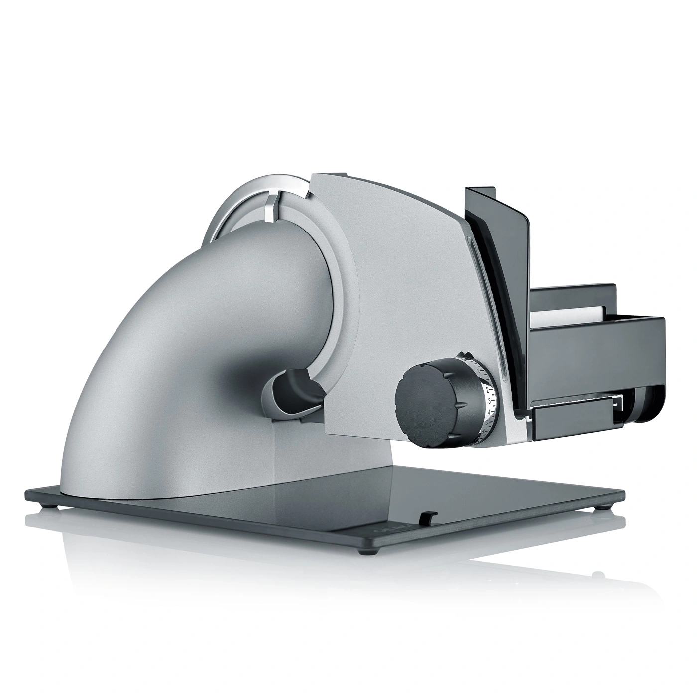 Electric food slicer, silver, with black control panel and base, kitchen appliance