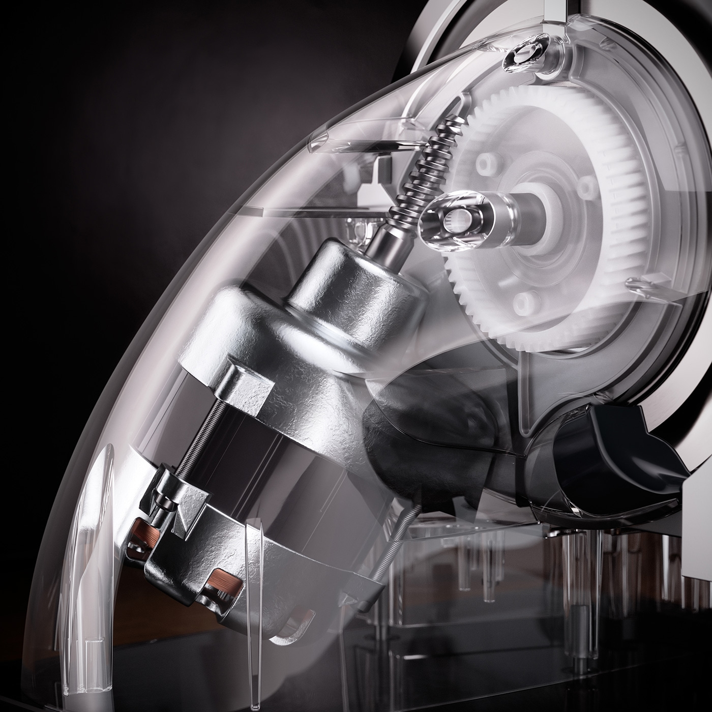 Transparente Maschine mit Zahnrädern und Motor, Detailaufnahme, Technik