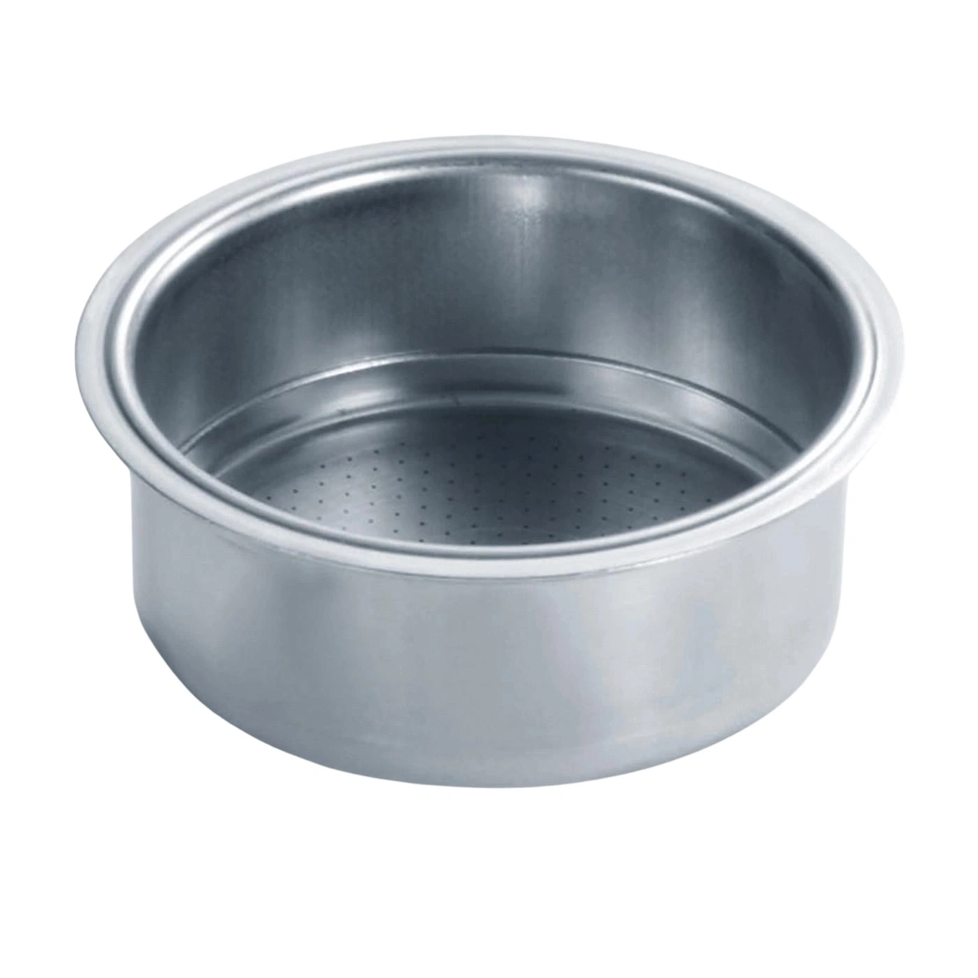 Metal container with holes, for coffee preparation, isolated, stainless steel, round