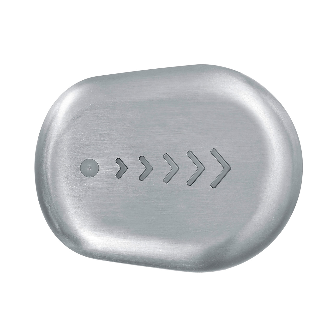 Graue ovale Taste mit Pfeilen und einem Punkt, Metalloberfläche