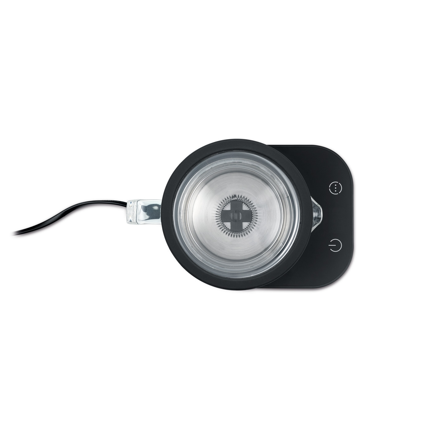 Schwarzer Milchaufschäumer mit Stromkabel und Bedienfeld mit Symbolen.