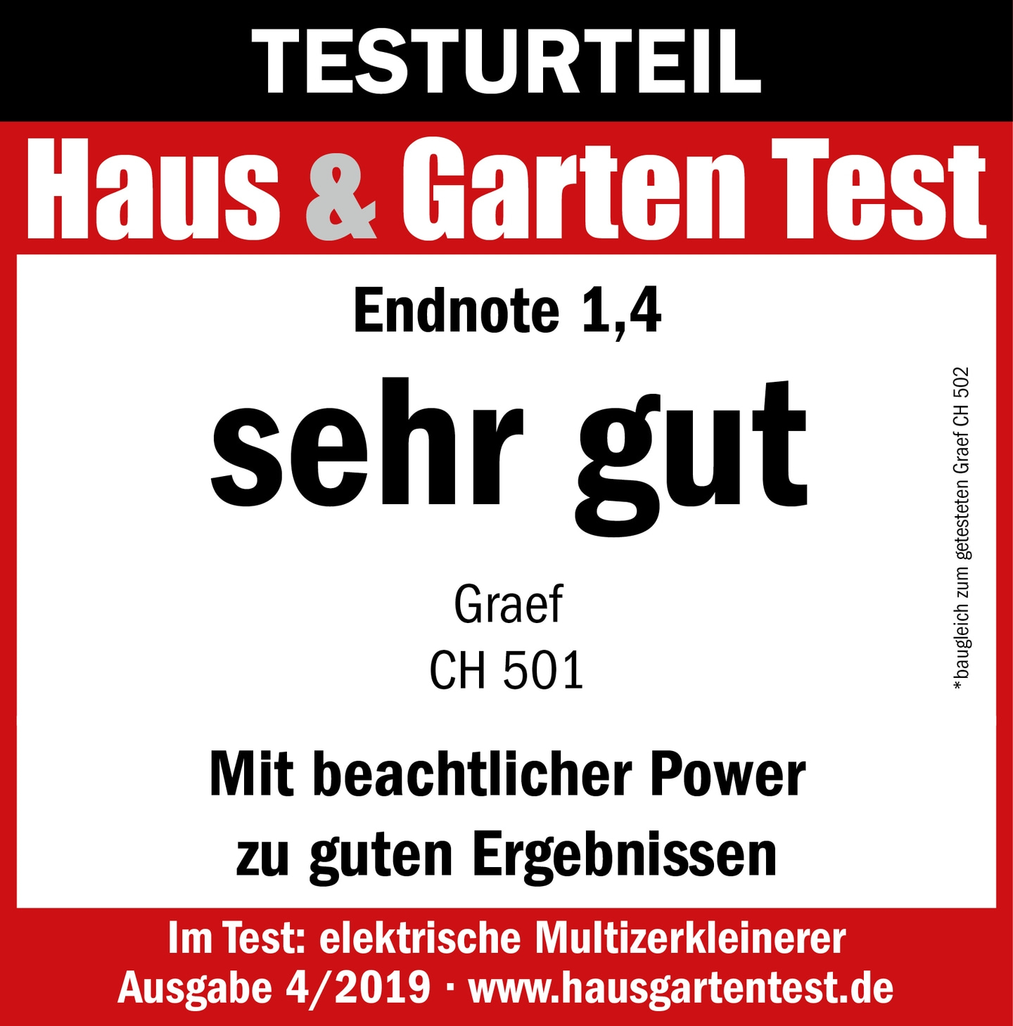 Test result Haus & Garten Test, Endnote 1.4, very good, Graef CH 501, results