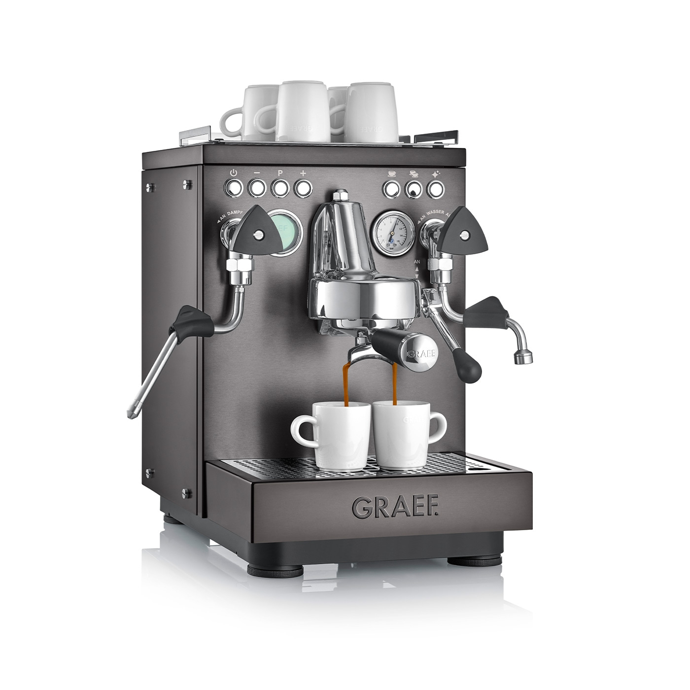 Espressomaschine, zwei Tassen, Kaffee, Graef, Edelstahl, Getränk, Zubereitung