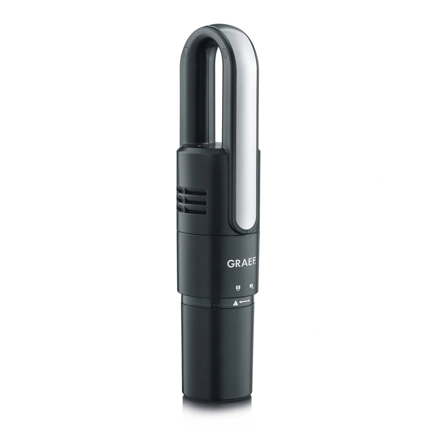 Black stick vacuum cleaner with white handle and GRAEF logo. Modern design and sleek.
