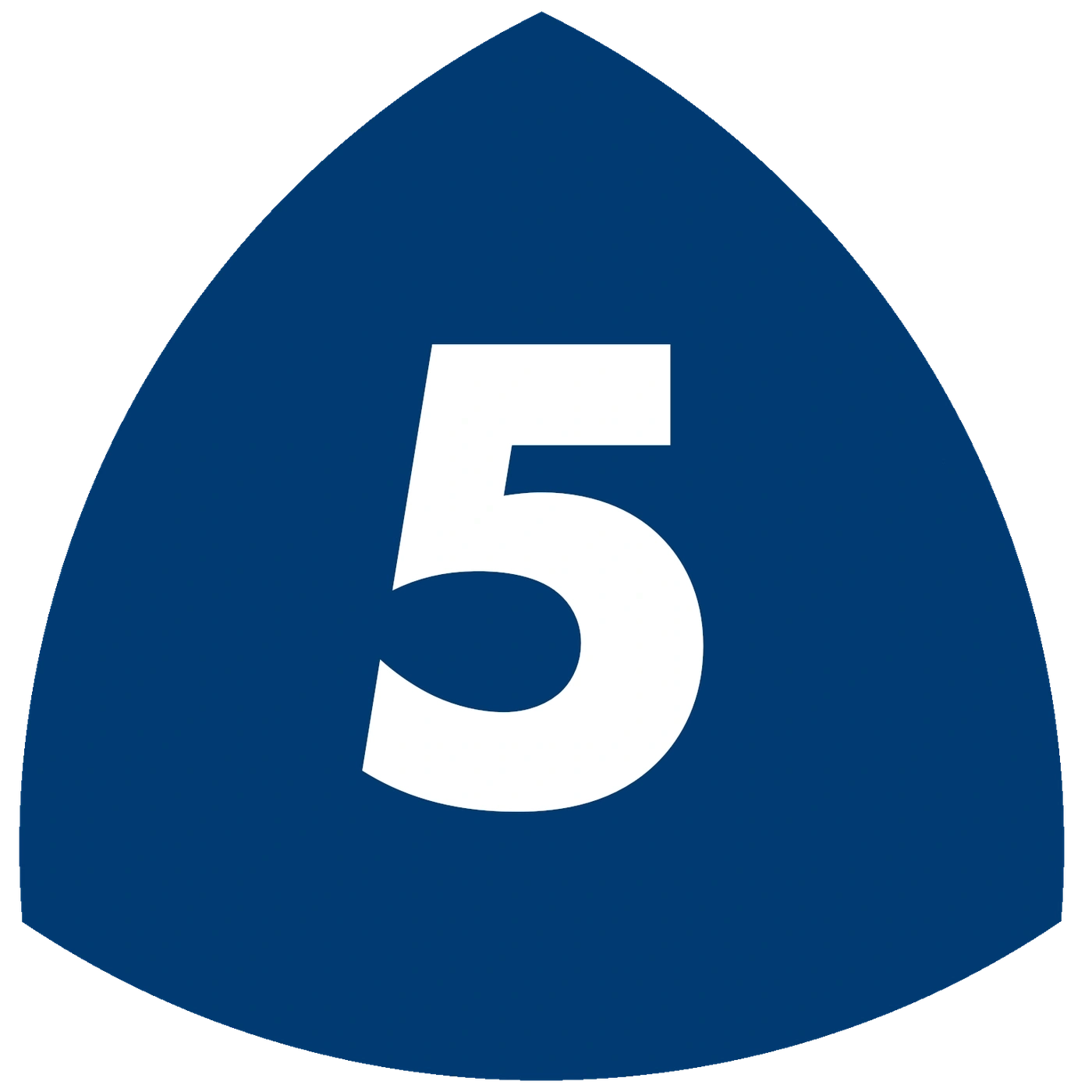 Blue triangle with white number 5, highway sign, road marking, traffic sign