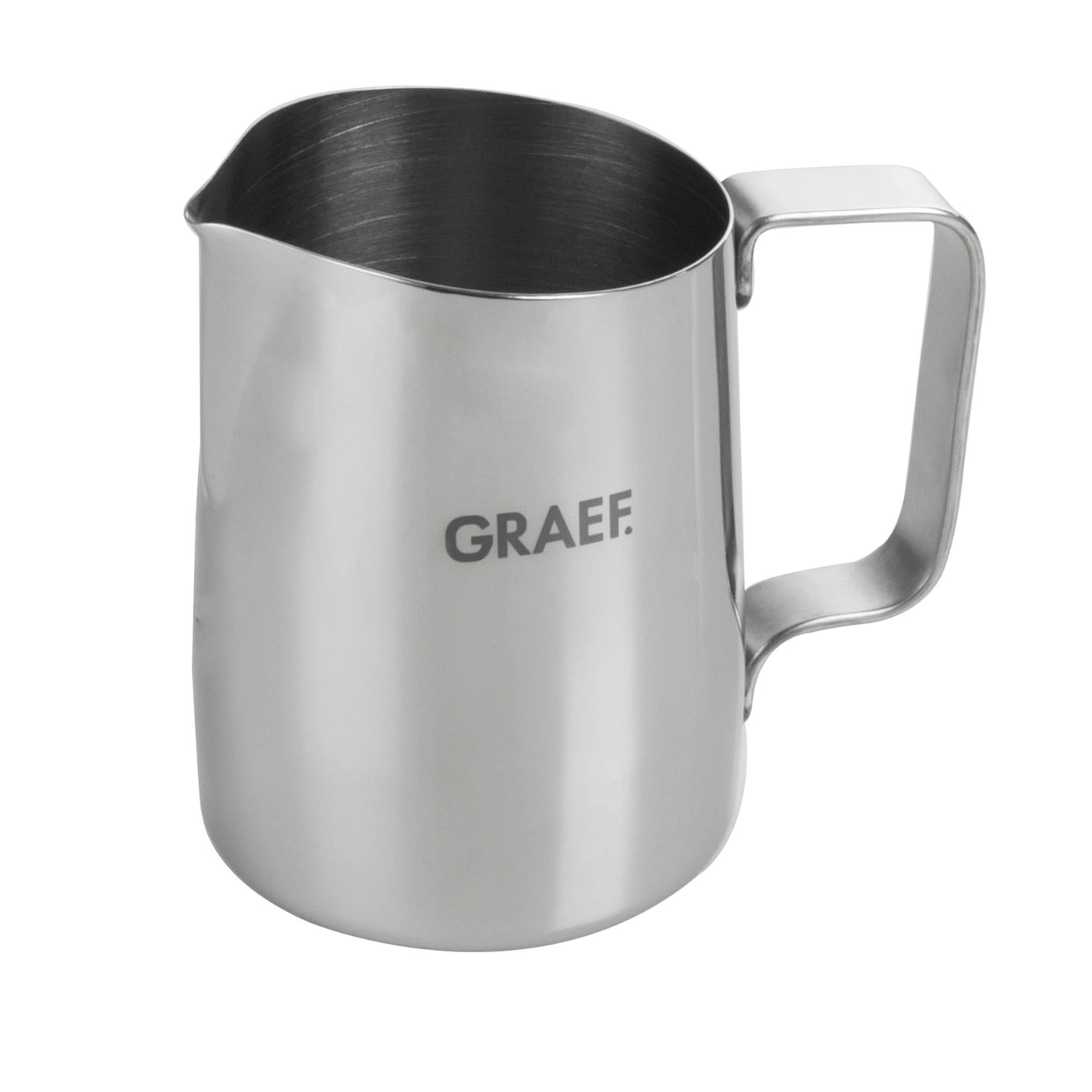 Stainless steel milk frothing pitcher with handle and GRAEF logo, isolated on white background