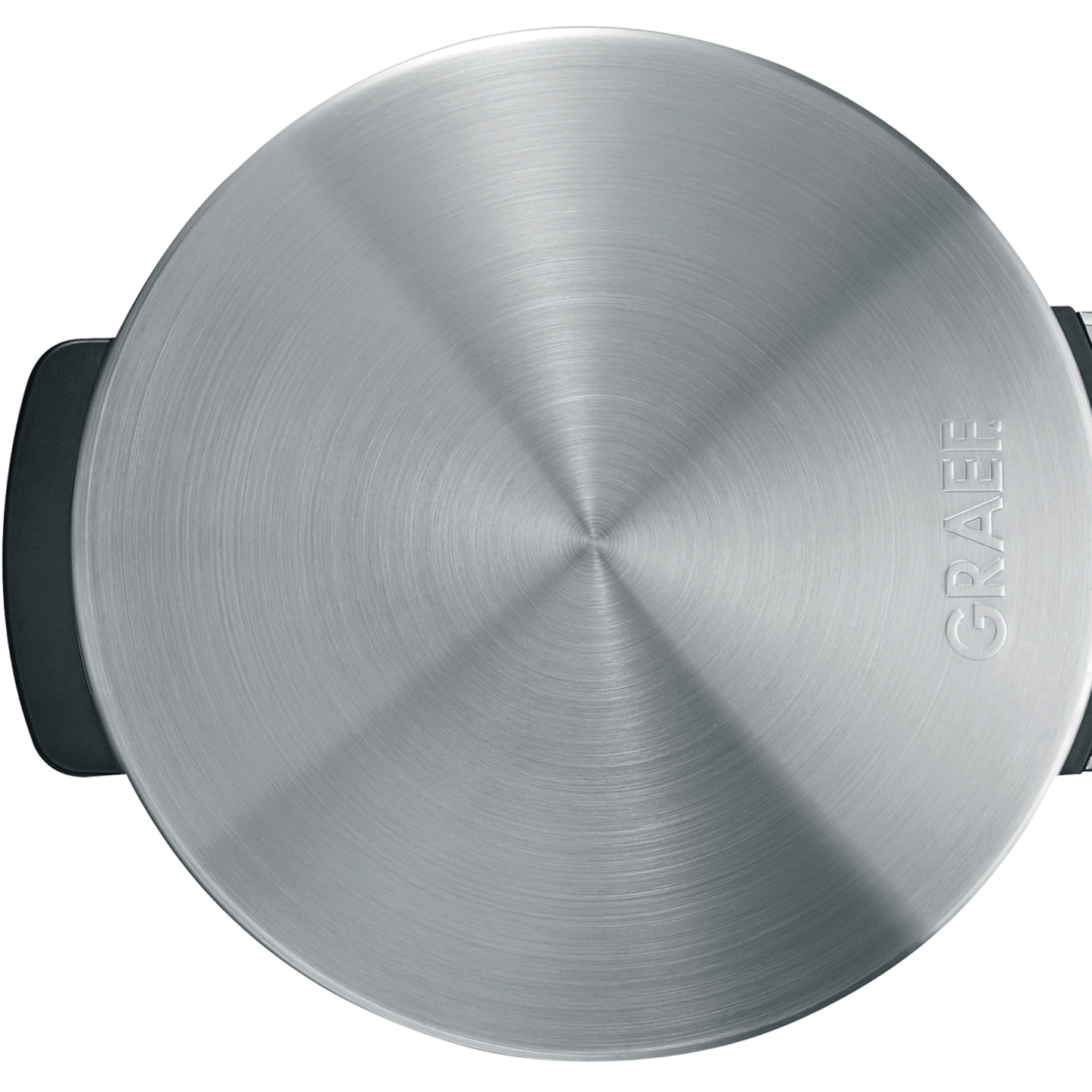 Graef-Gerät, rund, silberfarben, gebürstet, mit Griffen, von oben gesehen