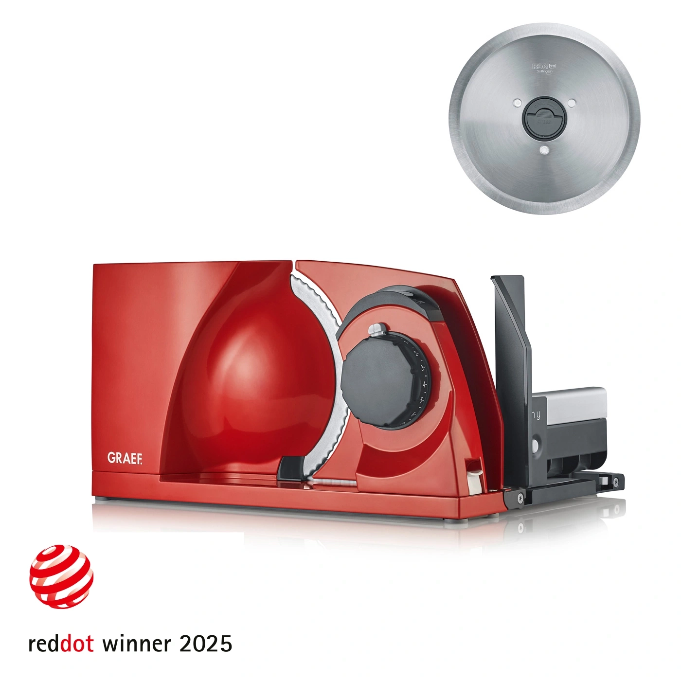 Red slicer with blade and red design, awarded with Red Dot 2025 winner logo.
