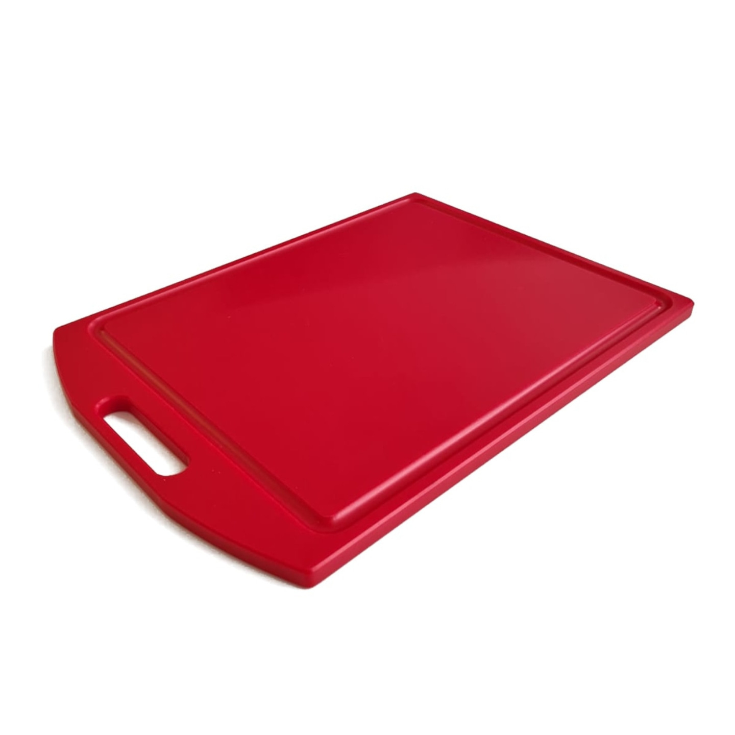 Rotes Schneidebrett mit Griff, isoliert auf weißem Hintergrund