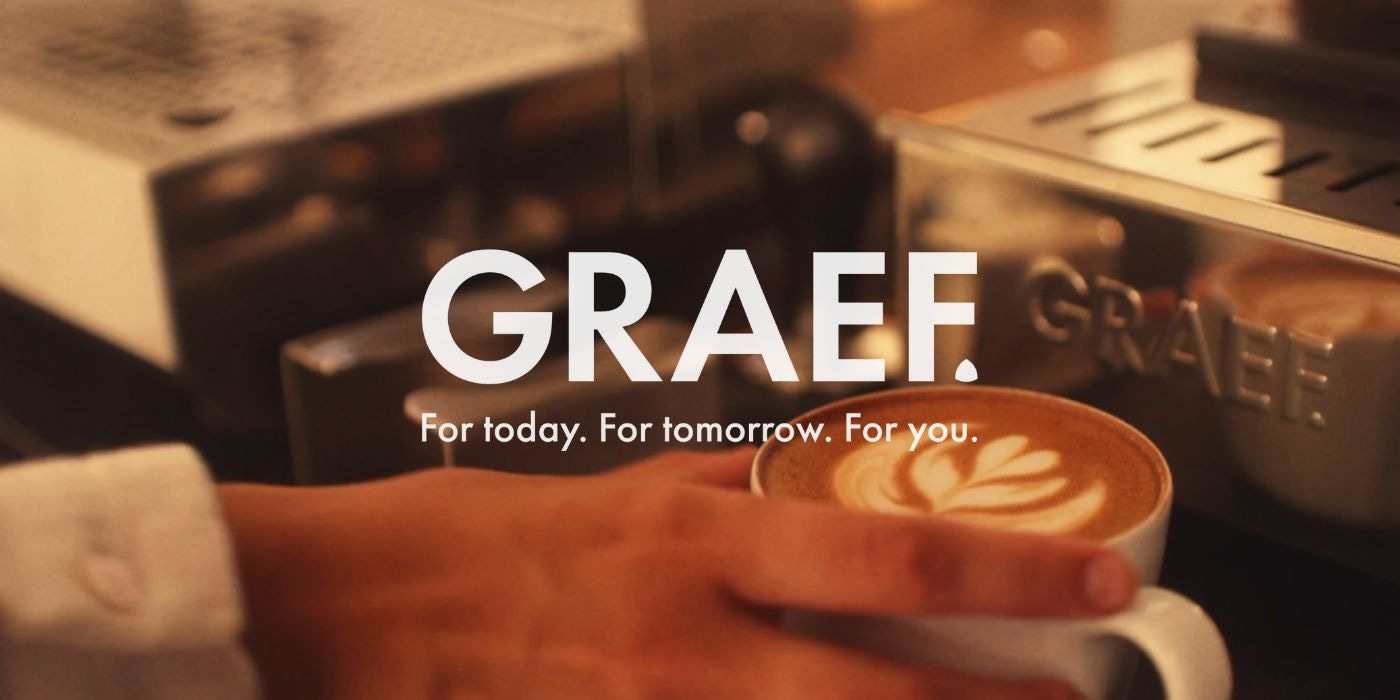Coffee with latte art, GRAEF logo, slogan: For today. For tomorrow. For you.