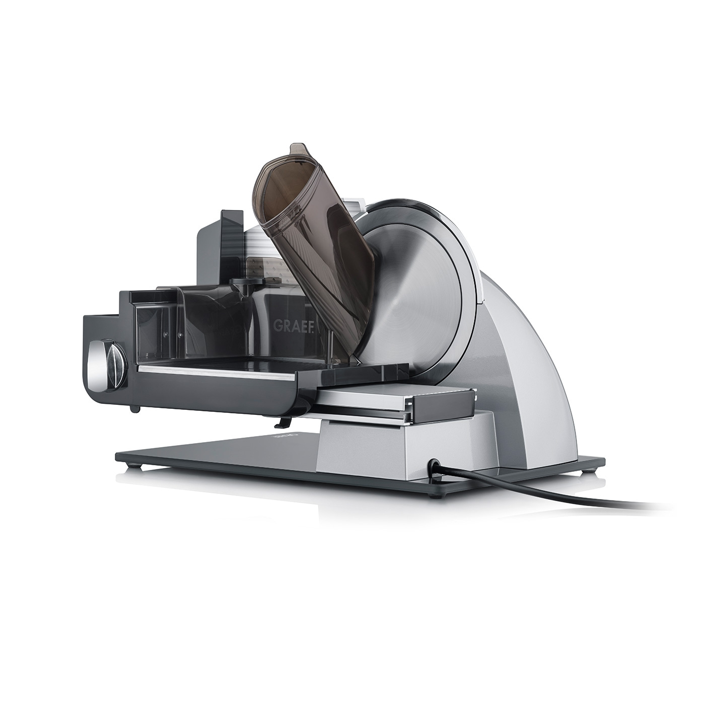Graef slicer, silver and black, with power cord, close-up shot, kitchen appliance
