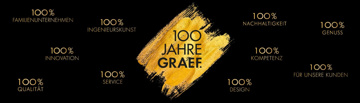 Goldene Grafik mit Text über 100 Jahre Graef und Qualitätsmerkmalen.