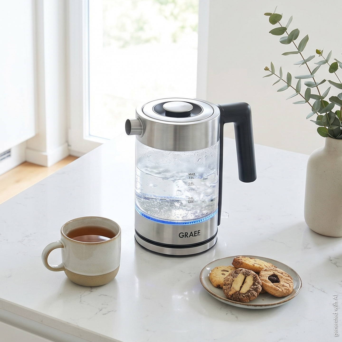 Ein Wasserkocher mit Tasse und Keksen auf einem Marmortresen.