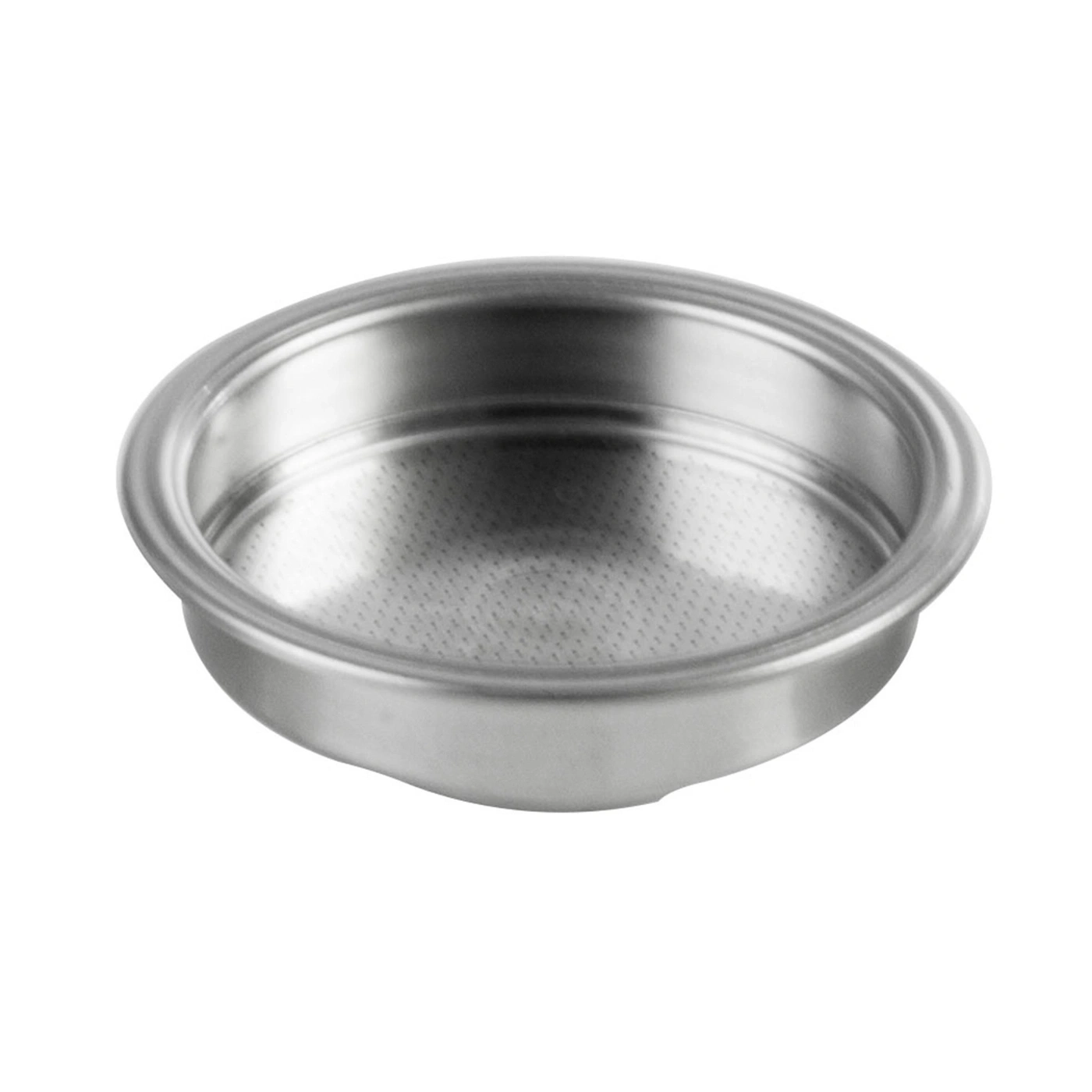 Stainless steel coffee filter, round, with holes, for espresso, isolated on white