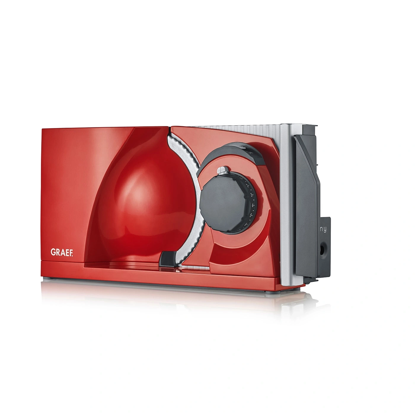 Red GRAEF food slicer with a dial and silver accents, perfect for slicing.
