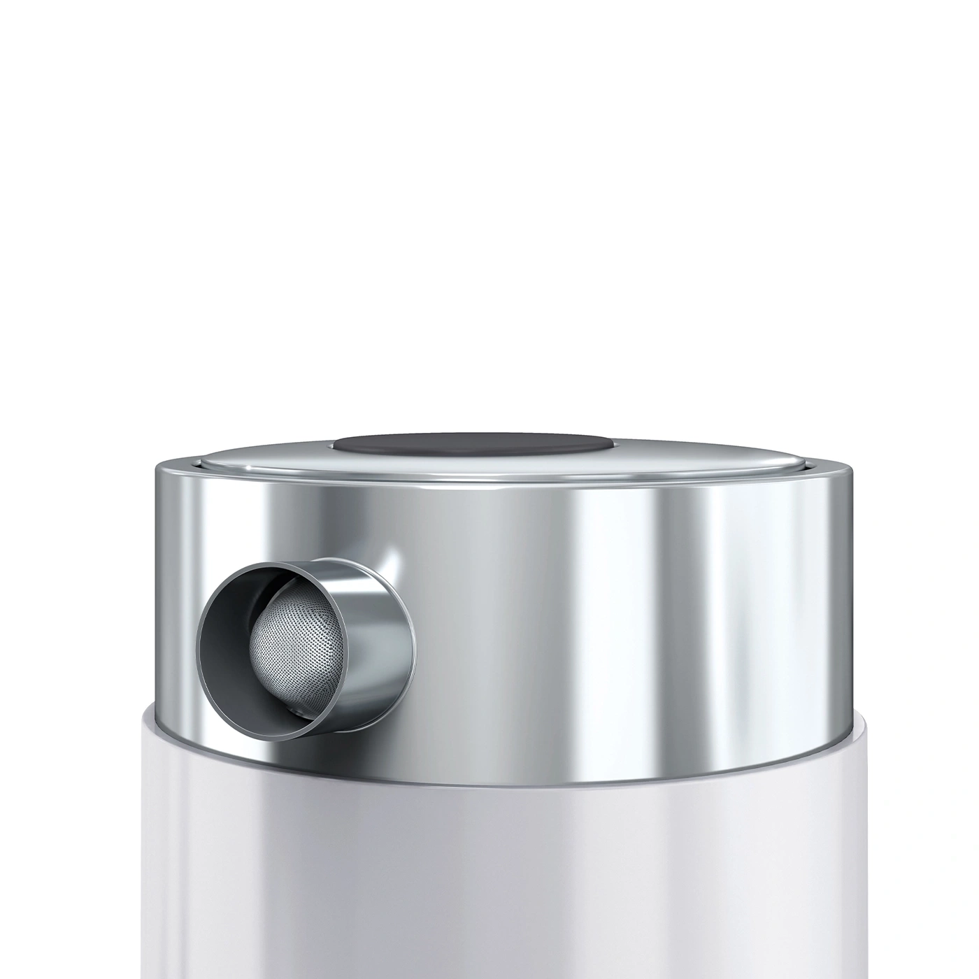 Close-up of a metallic cylinder with a spherical filter and a white base