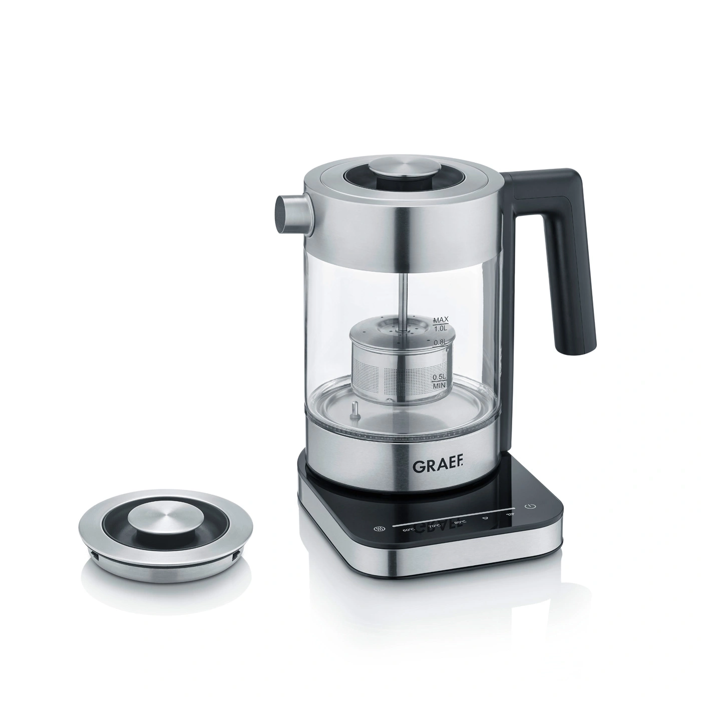 Glass tea kettle with temperature control, GRAEF brand, modern design