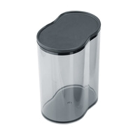 Transparent container with lid. Gray plastic. Cylindrical shape. For kitchen or bathroom.