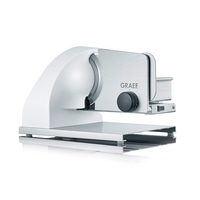 Electric food slicer, white and silver, GRAEF logo, detail shot, isolated on white