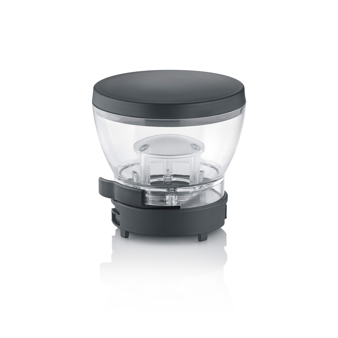 Transparenter Behälter mit Deckel und Halterung, isoliert auf weißem Hintergrund