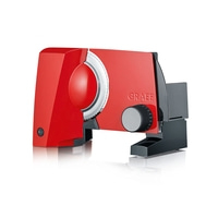 Red Graef food slicer with silver blade and black accents