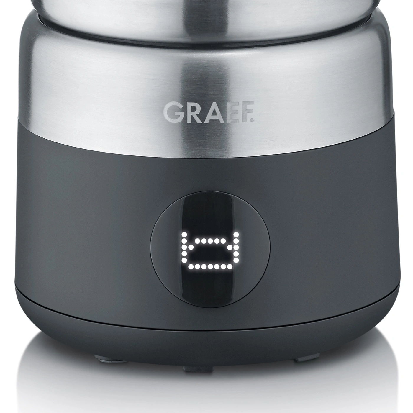 Close-up of a Graef appliance with digital display and silver finish