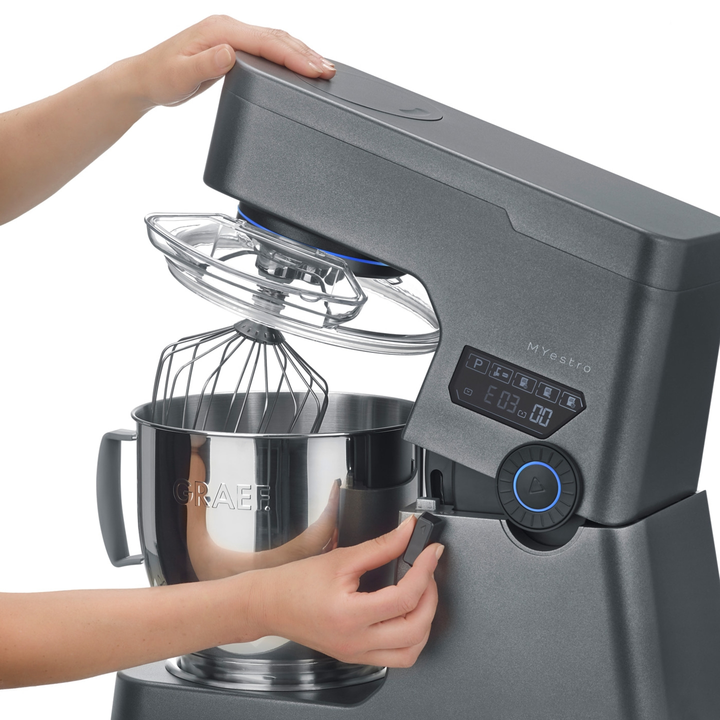 Graef Küchenmaschine, Hände, Rührbesen, Schüssel, Bedienfeld, grau, Kochen, Küche