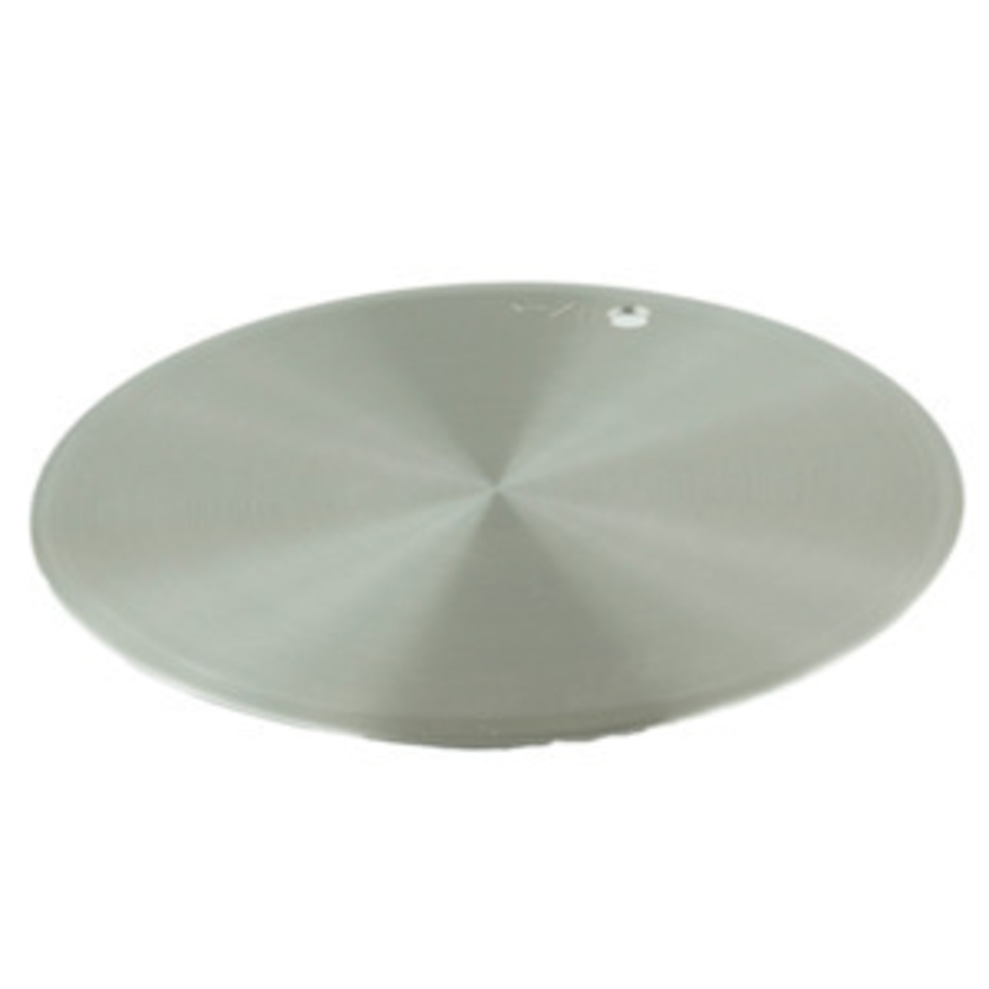 Silberne, runde Metallplatte mit konzentrischen Kreisen und einem Loch.