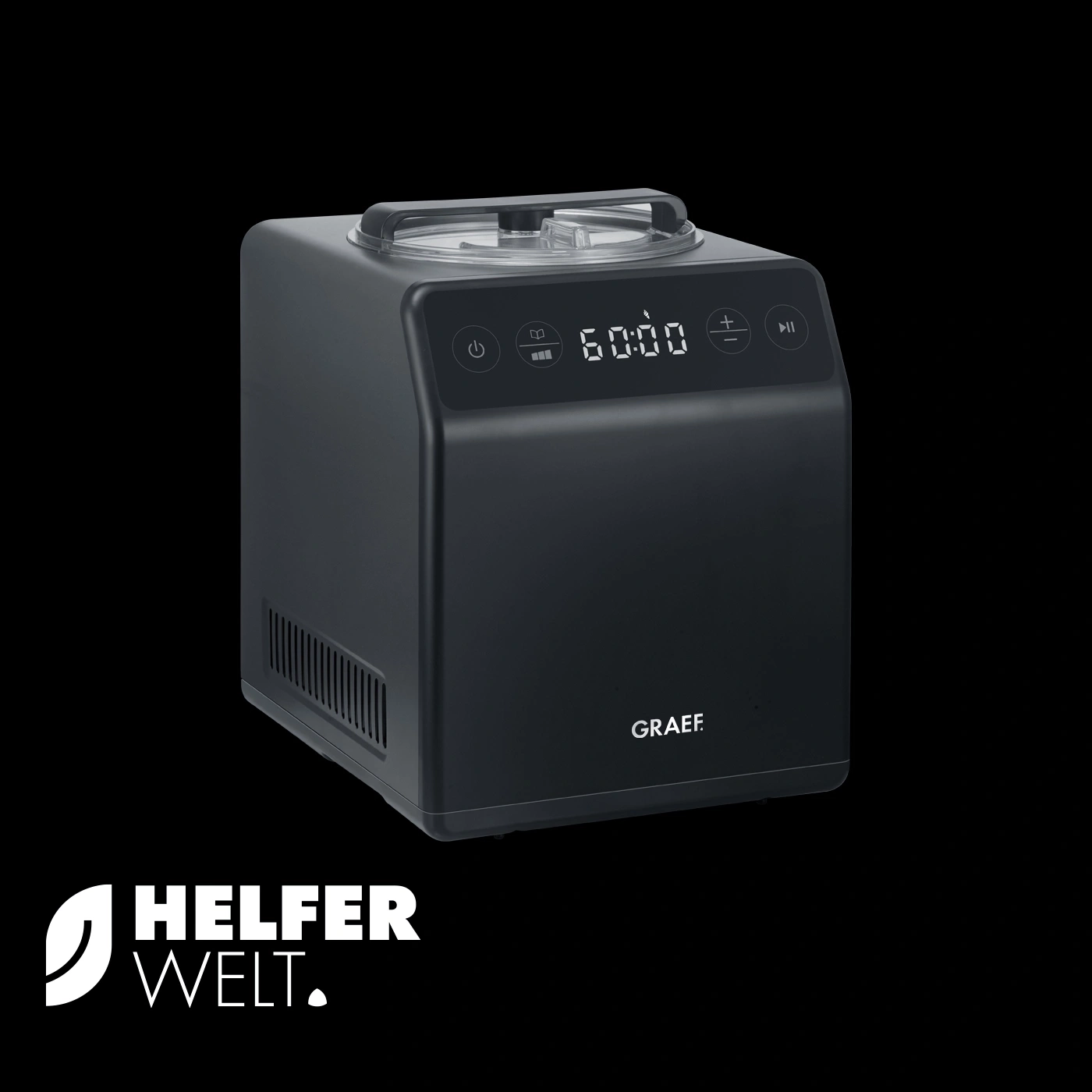 Schwarze Eismaschine mit digitaler Anzeige und GRAEF-Logo auf schwarzem Hintergrund.