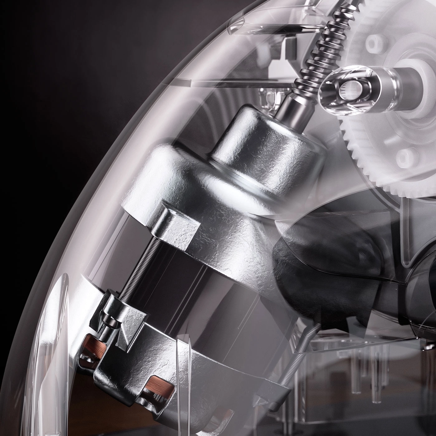Durchsichtige Maschine mit Metallteilen und Zahnrädern, Nahaufnahme, Technik