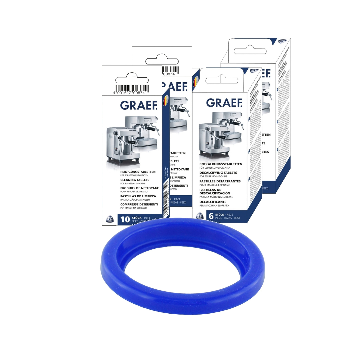 Reinigungstabletten und Entkalkungstabletten für Espressomaschinen und ein blaues Gummi