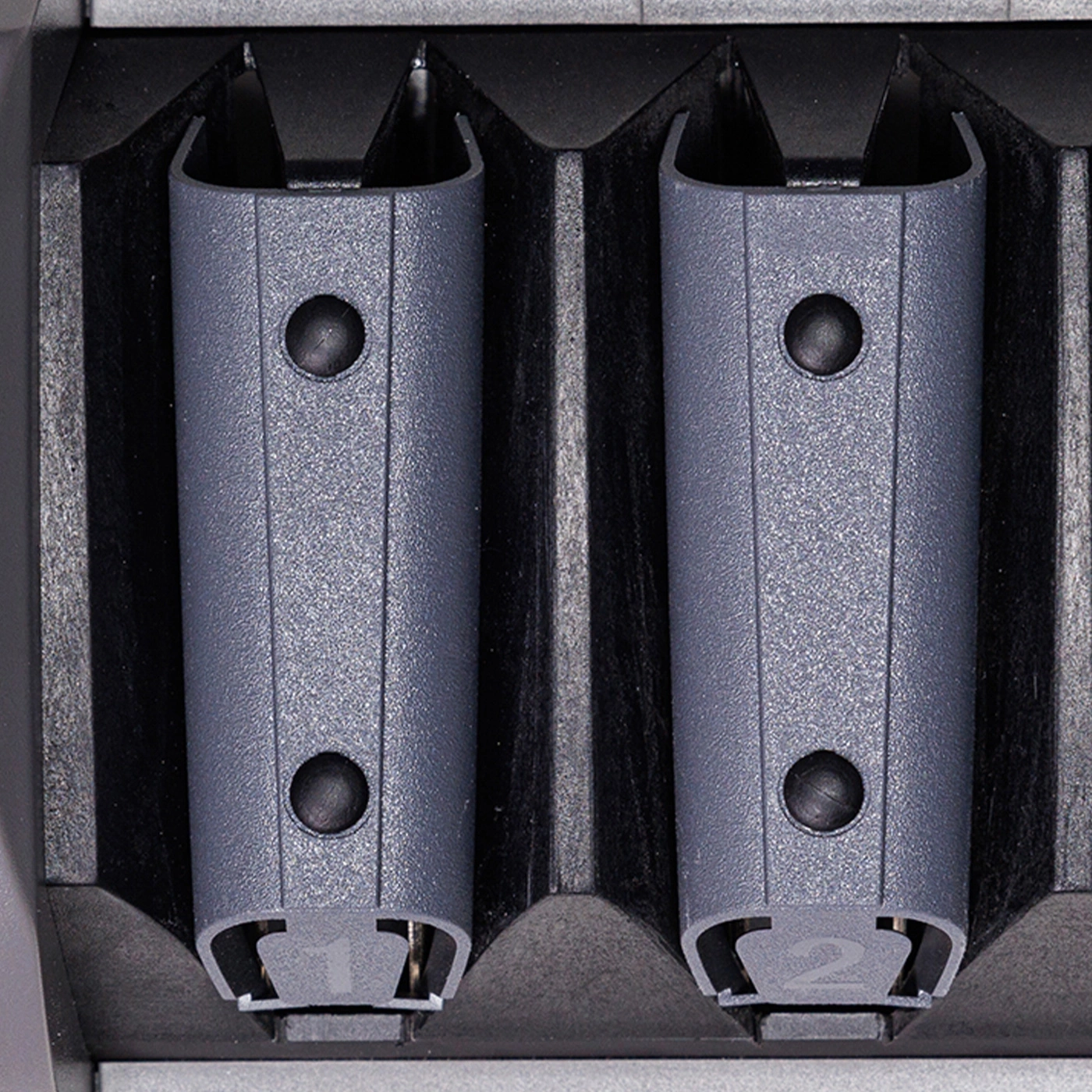 Zwei graue Batteriehalterungen in einem schwarzen Ladegerät.