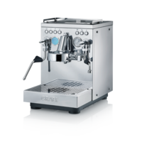 Edelstahl-Espressomaschine mit Knöpfen, Dampf und Wasserhahn, GRAEF-Logo.
