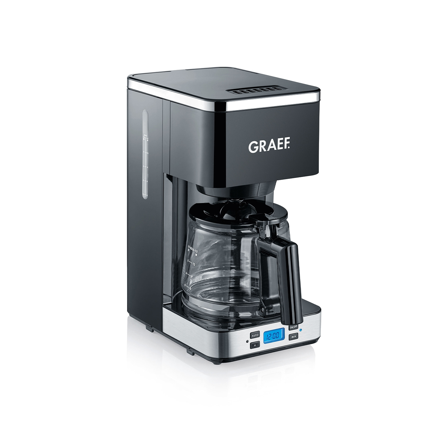 Schwarze Kaffeemaschine mit Glasbehälter und digitaler Anzeige. GRAEF-Logo.