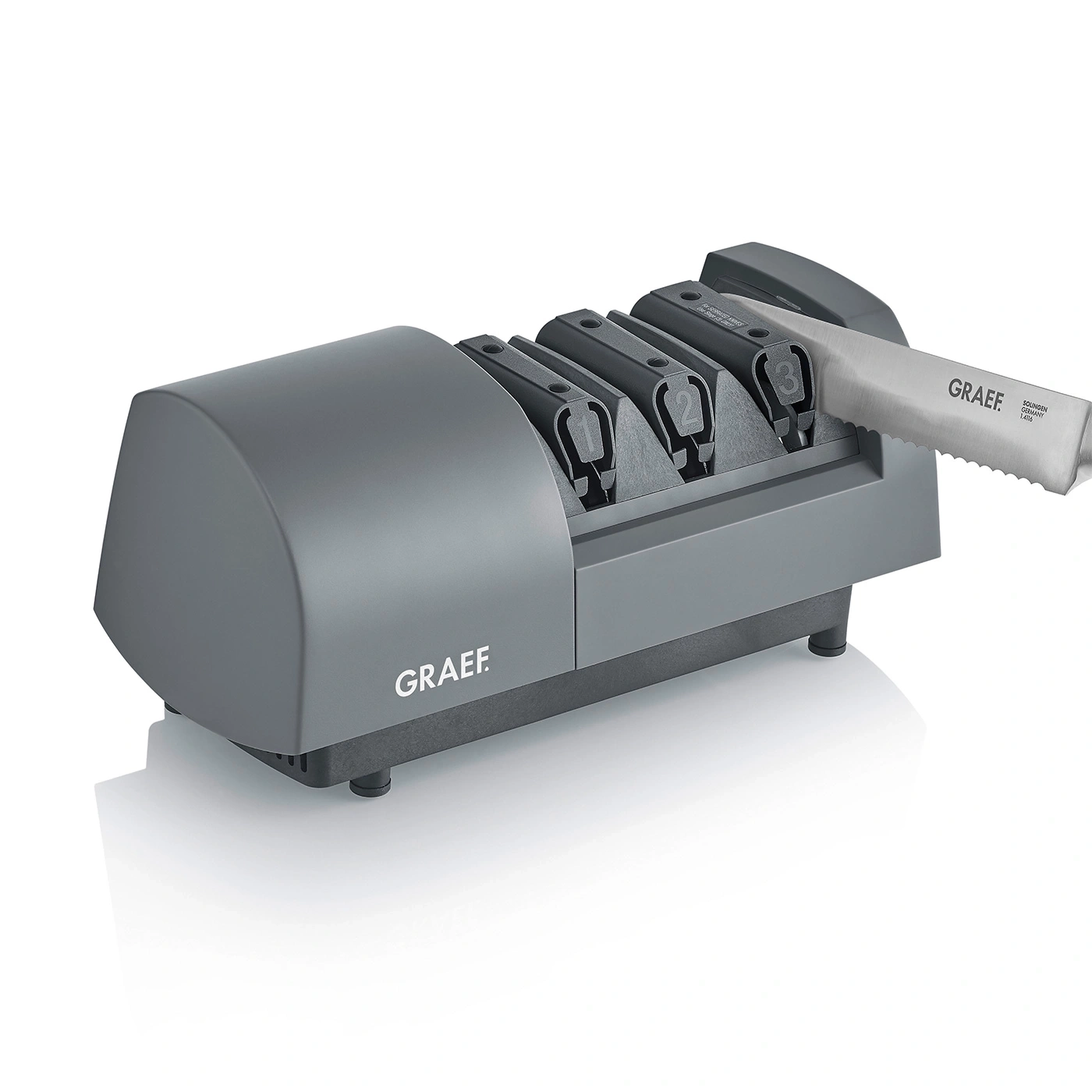 Graef electric knife sharpener, gray, with knife, for sharpening knives, kitchen tool