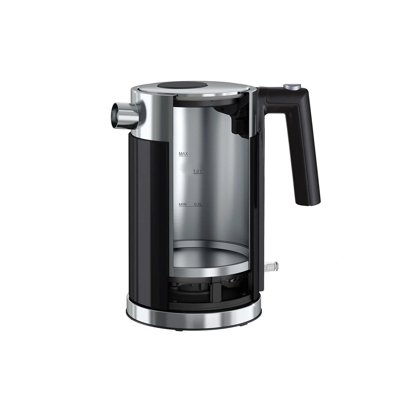 Kettle, stainless steel, black, cross section, interior, MAX, MIN, 1.0L, 0.5L, handle, spout