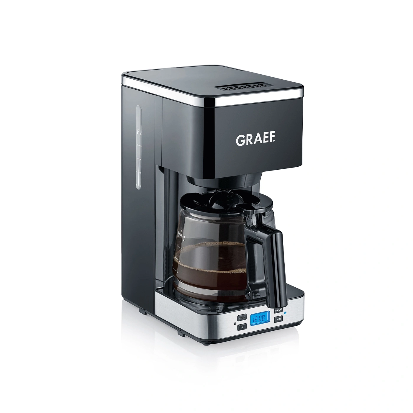 Black coffee machine with glass carafe and digital display, GRAEF logo visible.